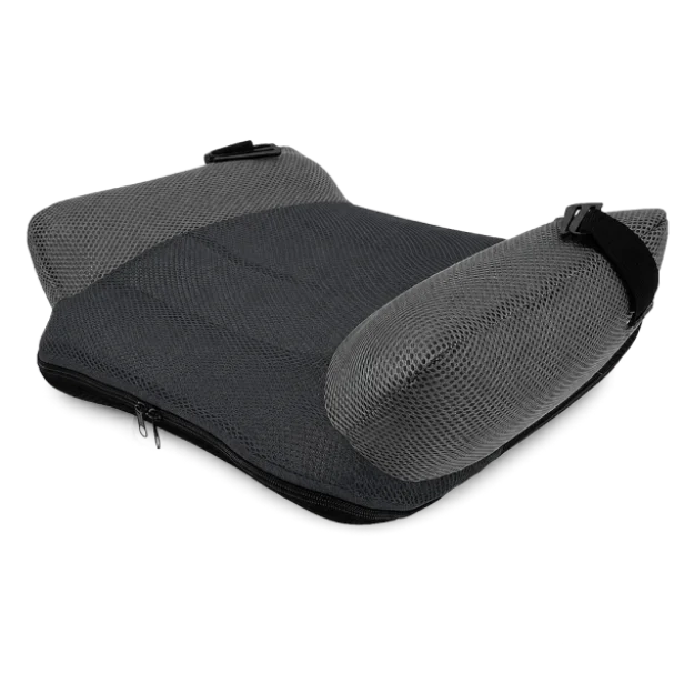 BubaBoost inflatable car booster seat seen from three quarters, grey mesh cushion and raised edges
