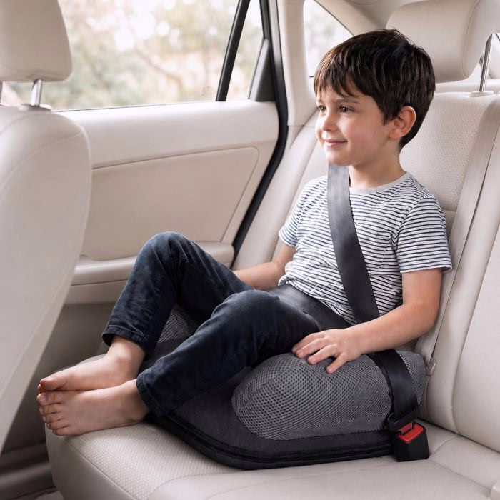 Child sitting on the BubaBoost booster in the back of a car with the three-point seat belt fastened